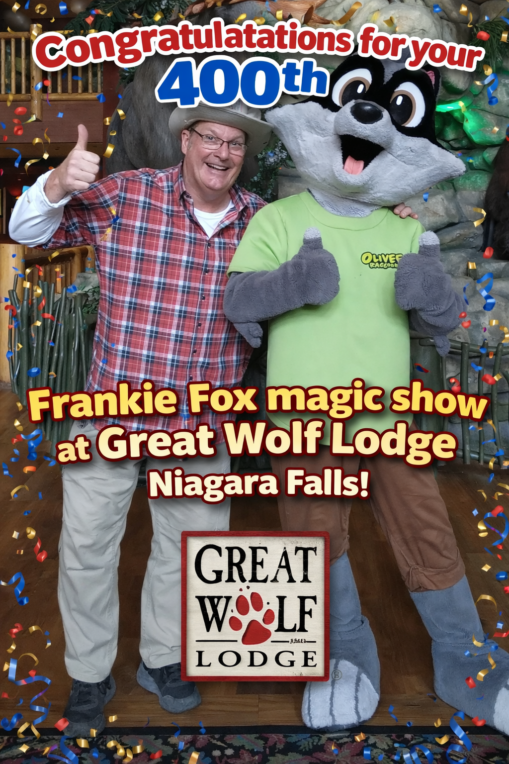 Scoop McCoy celebrating his 400th Frankie Fox magic show at Great Wolf Lodge Niagara Falls